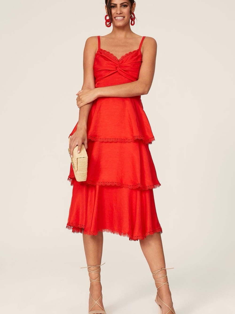Red Tiered Midi Dress with Twist Bodice